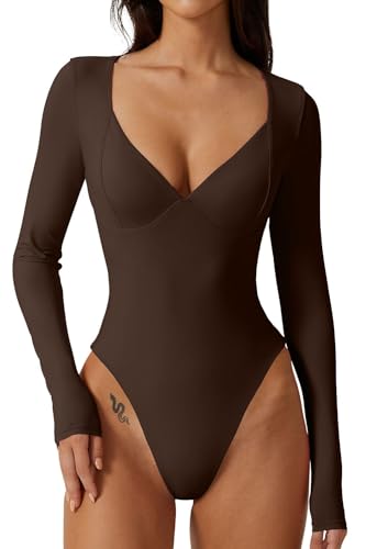 QINSEN Women's Long Sleeve Bodysuit V Neck Body Suits Seamed Cup Going Out Tops Shirt