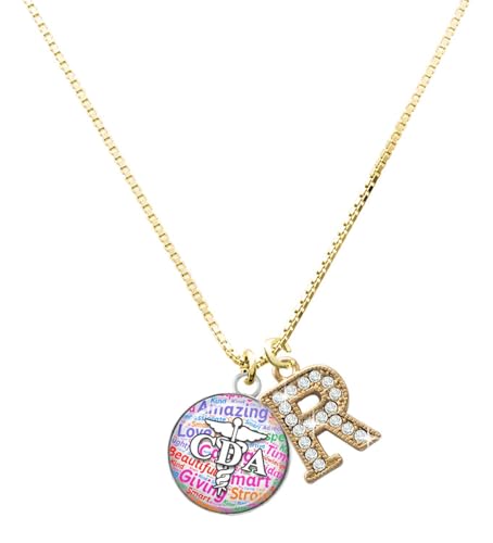 Delight Jewelry Silvertone Domed Multi Color CDA Goldtone Crystal Initial - R - Charm Necklace, 17.5"+2"