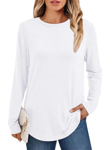AirMood T-shirt décontracté pour femmes à manches longues, simple, col rond, coupe ample, Blanc, L