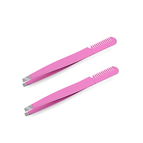 2 PCS Tweezers - Professional Stainless Steel Slant Tip Tweezer with Comb- The Best Precision Eyebrow Tweezers for Your Daily Beauty Routine - Best Tool for Men and Women (Pink)