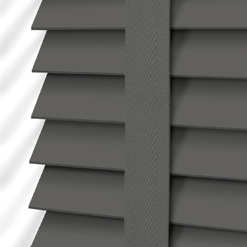Ev Dekor Faux Wood Blinds - Wooden Grain window Venetian Blind 50mm Horizontal Slats - White Silver/Grey Tape TRIMMABLE, Child Safe Window Shades (Dark Grey Embossed Pattern, W45cm x L150cm)