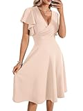 LYANER Women's Deep V Neck Ruffle Short Sleeve Wrap Swing A Line Flared Cocktail Party Midi Dress Beige Solid Small