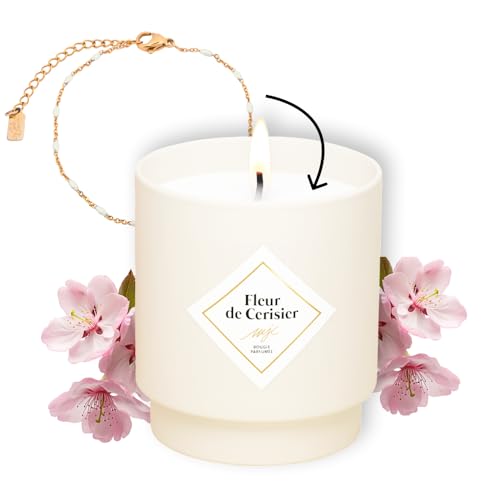 MY JOLIE CANDLE - Bougie Bijou Parfumée Fleur de Cerisier - Bracelet Doré en acier inoxydable avec Perles Crèmes - Cadeau parfait pour Noël et anniversaire - Cire à base végétale - Made in France