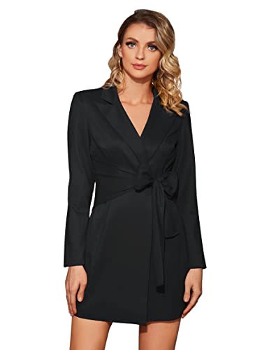 Wrap Detail Blazer Dress for Women Long Sleeve Lapel Collar Tie Front Elegant Wrap Dress for Casual Office Business