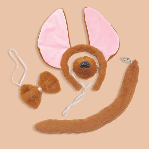 TUONYIS 4 Stücke Hundeohren Kopfbedeckung und Schwanz Nase Fliege Set, Tier Hündchen Kostüm Kinder Set, Hund Ohren Stirnband, für Karneval Welttag des Buches Halloween Cosplay, Tier-Mottoparty (Braun)