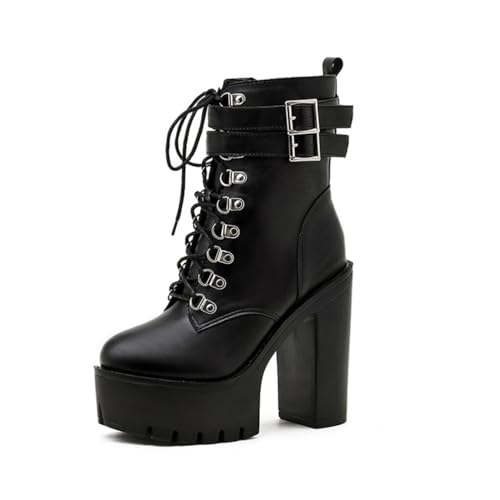 JMdfcqer Moda Mujer Botines Plataforma Tacón Alto Botines Punta Redonda Cremallera Invierno Botinesas con Hebilla,Negro,35 EU