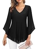 Gemulate Womens Black Blouses Ruffle 3/4 Sleeve Blouses for Women Tunic Tops Loose Flowy V Neck Chiffon Top Double Layers Mesh Shirts-Black, XL