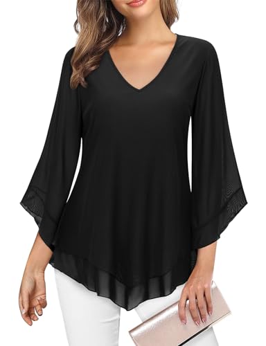 Gemulate Womens Blouse V Neck Flowy Ruffle Chiffon Blouses Loose Layered Mesh Tunic Double Layer Tops Shirts Womens Formal Blouse Black,L