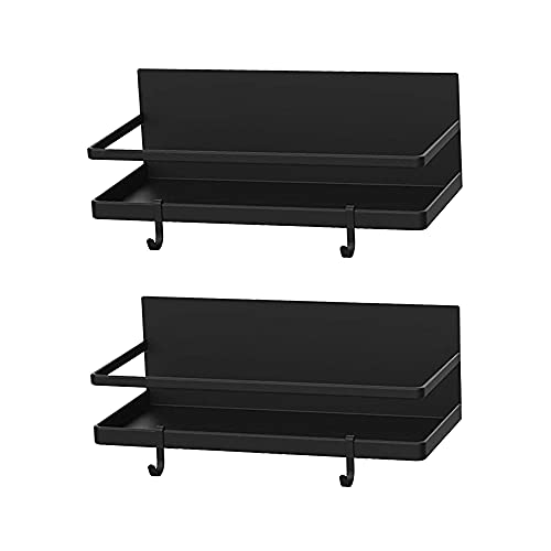 2 Pack Magnetic Spice Rack with 4 Removable Hooks, Refrigerator Storage Organizer for Spices, Magnetic Shelf For Refrigerator, Drill free(Black)