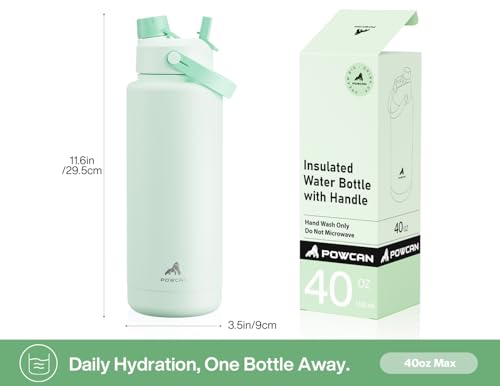 Image of POWCAN 40 oz Insulated Water Bottle with 2-in-1 Straw and Spout Lid, Keep Cold 24H, Leak-Proof, BPA-Free, Double Wall Stainless Steel Water Bottle for Sports, Gym, Travel, and School (Mint)