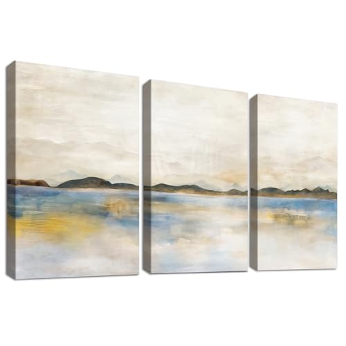 3Pcs Marco de madera Cuadro Moderno Acuarela Amarillo Azul Gris Pastel Lienzo Decorativos Paisaje Neutro Montaña Pintura Imagen Póster Lago Abstracto Cuadros Decoracion Salon Dormitorio 40cmx60cmx3