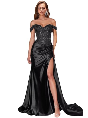 Mermaid Prom Dresses for Women Sparkly Sequins Lace Appliques Satin Formal Evening Dress with Slit Off Shoulder He5085