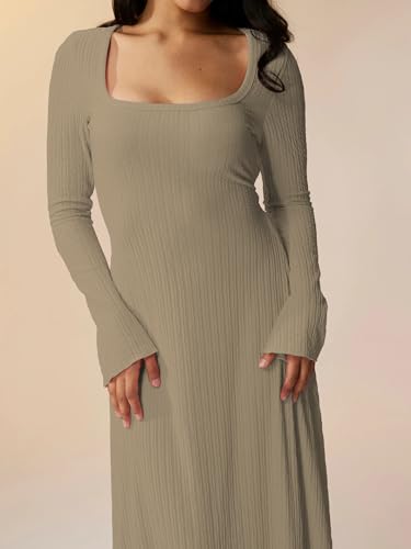 Image of Shasmi Women's Square Neck A-Line Dress - Long Sleeve, Tie Waist, Knitted Stretchable, Casual & Office Outfit, Solid Winter Midi Dress for Women (Dress 221)