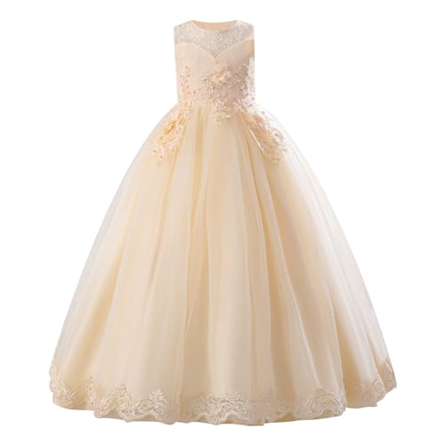 IDOPIP Vestido de encaje para niña de flores para boda, desfile, fiesta formal, vestido largo de princesa, vestido maxi de tul para primera comunión, Champán, 13 14 años