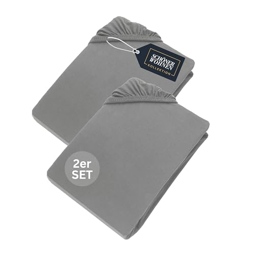 SCHÖNER WOHNEN Spannbettlaken 90x200cm 2er Pack Grau bis 100x200cm - Luxus Spannbetttücher aus Jersey-Baumwolle Öko-Tex Zertifiziert - für Matratzen bis 30 cm & Boxspringbett - Bettlaken Set