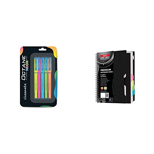 Image of Classmate Octane Gel Pen (Blue)- Neon Series- Pack Of 5 & Luxor 5 Subject Single Ruled Notebook - A5 Size, 70 Gsm, 300 Pages
