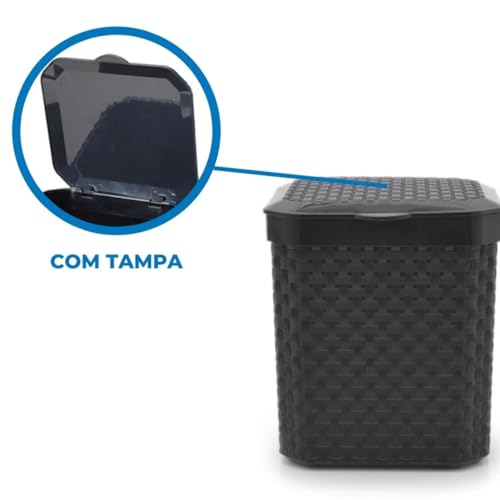 Lixeira Rattan para Pia de Cozinha e Escritório, 5 Litros, Preta com Tampa, Multiuso - Design Minima