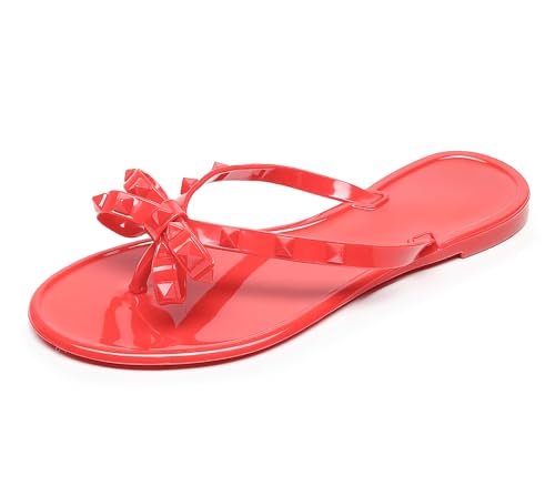 OMGard Studded Sandals for Womens Jelly Shoes Bow Flip Flops Red Womens Jellies Flat Summer Beach Thong Slides with Rivets Dressy Slippers Slip On