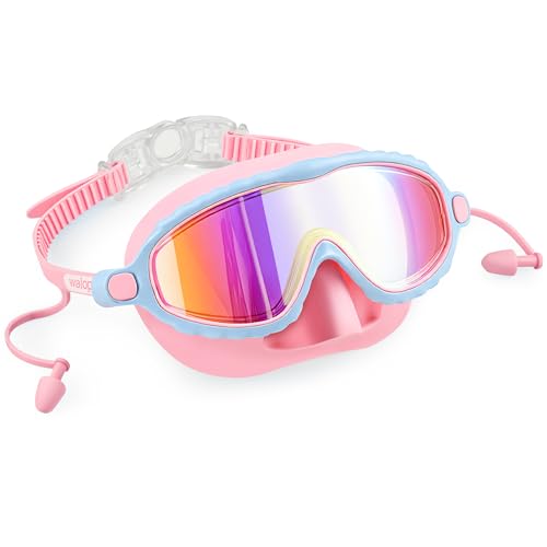 Rosa und Blau Schwimmbrille Kinder mit 180°weitwinkel-Sichtfeld, Einfaches An- und Ausziehen, Beschlagschutz und UV-Schutz Schwimmbrille, Doppelt Wasserdichtes Schnorchelset mit Ohrstöpsel 1Pack