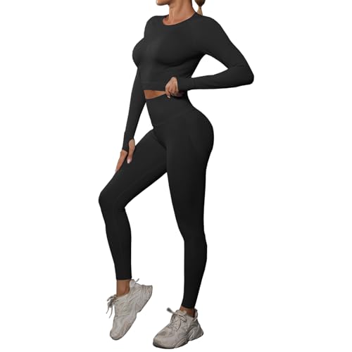 dohomiryo Abbigliamento Sportivo da Donna Set 2 Pezzi Top Sportivo e Vita Alta Leggings Yoga Tuta Ginnastica Completo Tuta per Running Yoga Nero M