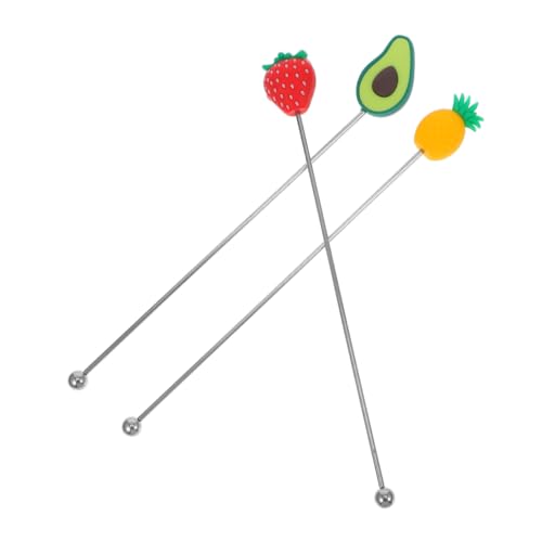 OKUMEYR 3pcs Stainless Steel Stirrers Drink Stirrers for Cocktails Reusable Stir Sticks Silicone Fruit Tops