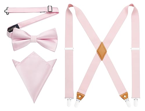 Image of HISDERN Bow Tie and Suspenders for Men Elastic X-Back Suspender and Bowtie Set Adjustable Braces for Wedding Tuxedo