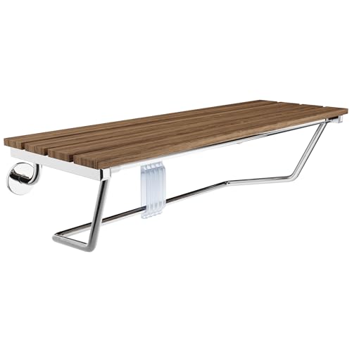 SteamSpa Two Person 35 in. Teak Wood Wall Mounted Folder Shower Seat in Polished Chrome Trim | 360 lbs Weight Capacity | Hardware Kit Included