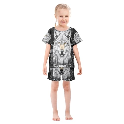 ALAZA Wolf Black Pajamas Set Short Sleeve Cotton Sleepwear Summer Pjs 2 Piece 5-14Y3