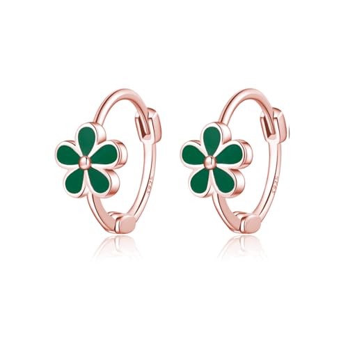 Reffeer Solid 925 Sterling Silver Flower Hoop Earrings Daisy for Women Teen Girls Green Flower Hoop Earrings Huggie