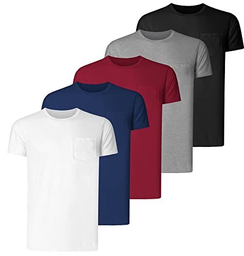 Teesmen Mens Plain T Shirt 5pack Cotton Multipack Crew Neck Tees Work Summer Short Sleeve Breathable T Shirt for Men(Pocket Mixed Color XL)
