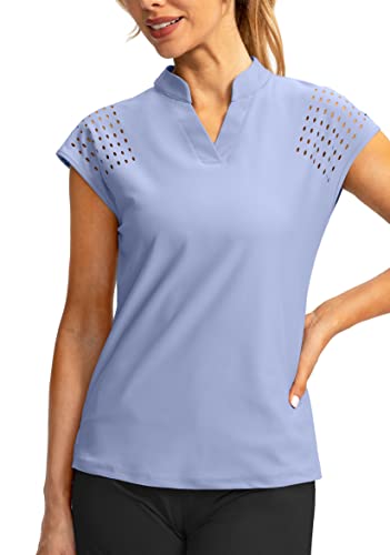Soothfeel Women's Golf Shirt Cap Sleeve V Neck Polo Shirts Lightweight Quick Dry Workout Tennis Shirts Tops For Women(Light Blue, Xs) #TOP11