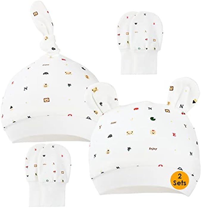 2 Sets Baby hat and Mittens,Baby Caps and Gloves, Baby Beanie hat and Mittens for Baby Girls Boys (6-12 Months)