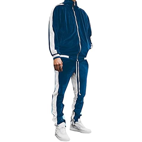 Men's 2 Piece Velour Tracksuit Long Sleeve Sweatshirt Jogger Sweatpants Activewear Casual Warm Sweatsuits Sports Set (Blue, 3X-Large) Cover