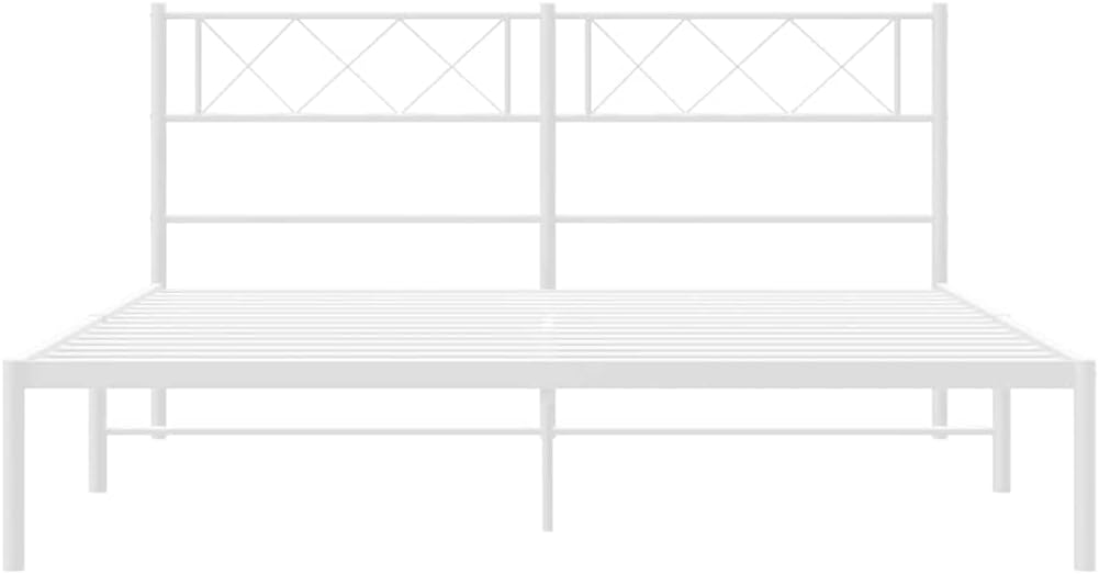 White Metal Bed Frame with Powder-Coated Steel, 55.9 x 77.2 in, Sturdy Platform Foundation with Headboard, Easy Assembly, No Box Spring Needed, Durable Slatted Design for Bedroom Storage