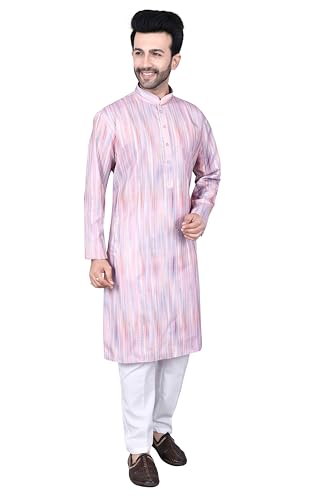 Tie Dye Printed Rayon Kurta Set, Pink, Full Sleeve, Chinese Collar, with White Cotton Pajama3