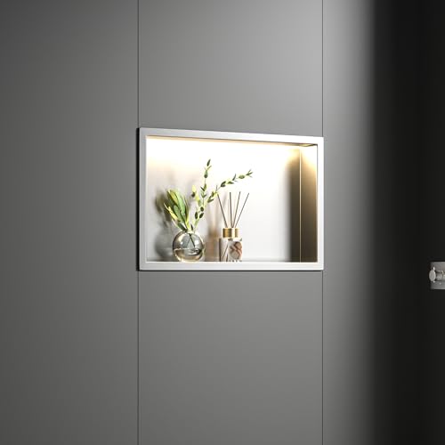 Bernkot Nisza prysznicowa ze stali nierdzewnej, 45 cm x 30 cm, szczotkowana, z wbudowanym światłem LED, wodoszczelna, bez konieczności stosowania płytek – wnękę ścienną do łazienki, montowana nad