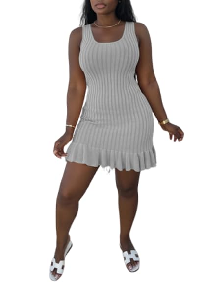 Image of Nimsruc Women Summer Tank Dresses Sleeveless Crew Neck Casual Bodycon Mini Dress with Ruffle Hem