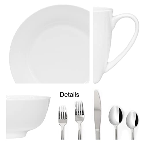Bone China 36 Piece Kitchen Dinnerware Set, Dishes Set For 4, Dinner Salad Plates, Bowls, Cups And Stainless Steel Cutlery Set, White, Microwave Safe Chip Resistant, Translucent Elegant Giftware #TOP3