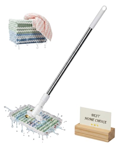 Convenient Cloth Changing Snap Mini Mop Set for Kitchen Counter Lazy Mop Wet and Dry Automatic Gripping Portable Clip Mopping Stick with 5 Reusable Cloths for Floor Cleaning
