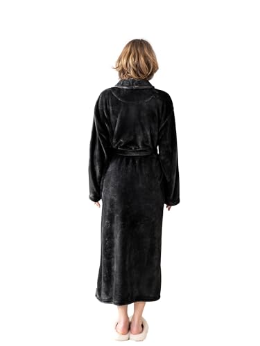 KORBLISS Robes for Women – Premium Plush Fleece Long Bathrobe for Women with Shawl Collar, Soft Warm Womens Robe with Pockets and Belt, Small, Black — view 4