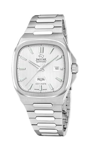JAGUAR Swiss Made Reloj Hombre Analógico de Acero Inoxidable 316l Plateado   Movimiento de Cuarzo   Calendario   Cristal Zafiro de Alta Resistencia   Resistente al Agua 5 ATM J1049/1 Rondcarre