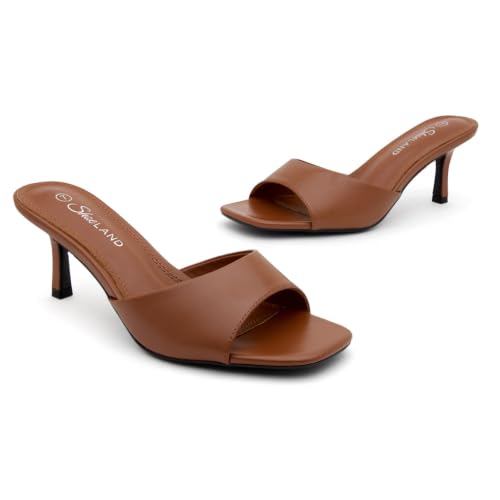 Image of Shoe Land Women's Low Heels Stiletto Heeled Slides, Open Toe One Band Slip-On Heeled Mules - Dressy Heeled Sandals for Prom, Party Wedding and Vacation