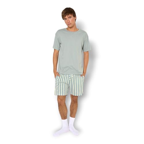 TRAMAS+ Pijama Hombre Verano 100% Algodón, Conjunto de Camiseta de Manga Corta y Pantalón Corto, Ropa de Dormir Fresca y Cómoda   S, R Schon, Verde Azulado
