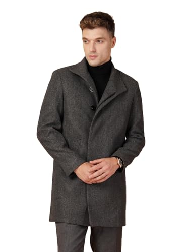 Image of CHKOKKO Men Stylish Long Winter Coat Single Breasted Thigh Length Overcoat with Elegant Spread Collar & Practical Front Side Pockets for Formal or Semi-Formal Occasions