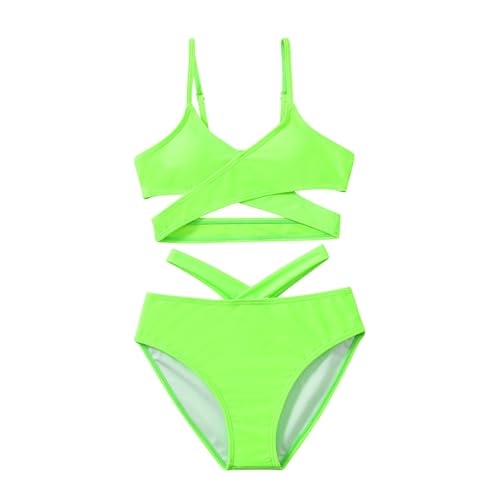 Girls Swimsuit Kids 2 Piece Bathing Suit Solid Sleeveless Crossover Tops Cut Out Bikini Set Summer Beach Swim Suits