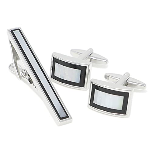 Mendepot Classic Stone Cufflinks And Tie Clip Set With Gift Box Mother Pearl Cufflinks Tie Clip Abalone Men Shirt Set (Mother Pearl & Onyx) #TOP1