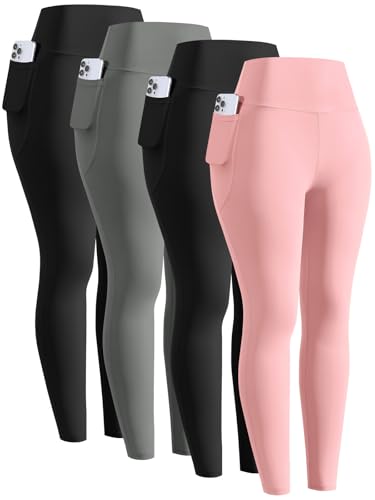 Orrfreer 4 Pack Girls Leggings with Pockets High Waisted Girls Athletic Leggings Full Length Yoga Workout Active Leggings Pants Black/Grey/Black/Pink S