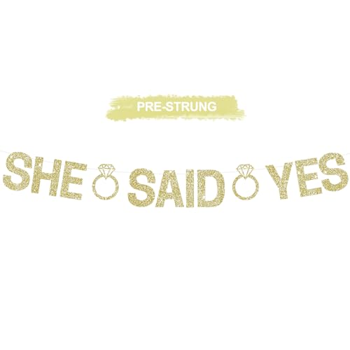 RICHHHA Glitter Champagne Gold She Said Yes Banner Pre-Strung Engagement Decorations Bridal Wedding Party Sign Valentines Day Garland Bachelorette Party Decor NO DIY