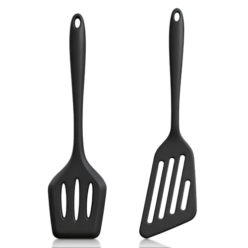 Lahnaokfis 2 Pcs Espatulas Silicona Cocina, Espátula Antiadherentes Resistente al Calor, Utensilios Cocina para Servir, Freir, Cocinar Huevos, Peacado, Verduras, Tortitas, Sin BPA, Ergonómico, Negro