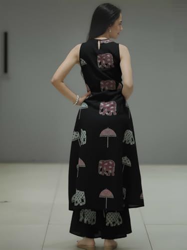 Image of GoSriKi Cotton Co Ord Set for Women | Kurta with Palazzo | Kurti for Woman | Black Printed Ethnic Outfit | Cord Style Dress | Stylish Indian Clothing Office Party Traditional Fashion Look